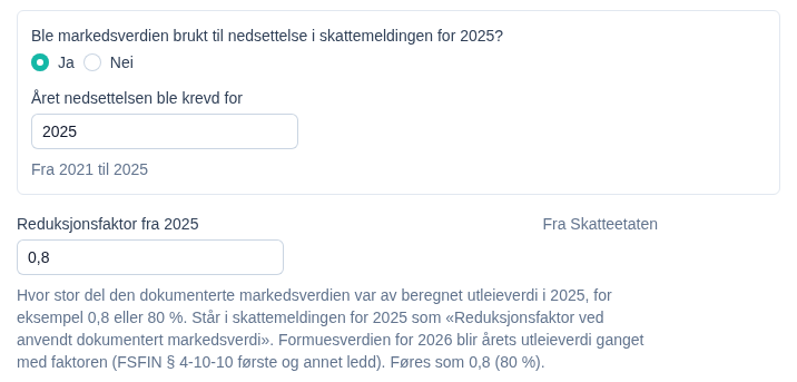Dialogen for en utleid næringseiendom i Talla. Markedsverdien ble brukt til nedsettelse i 2025, og feltet Reduksjonsfaktor fra 2025 har verdien 0,8, merket Fra Skatteetaten.