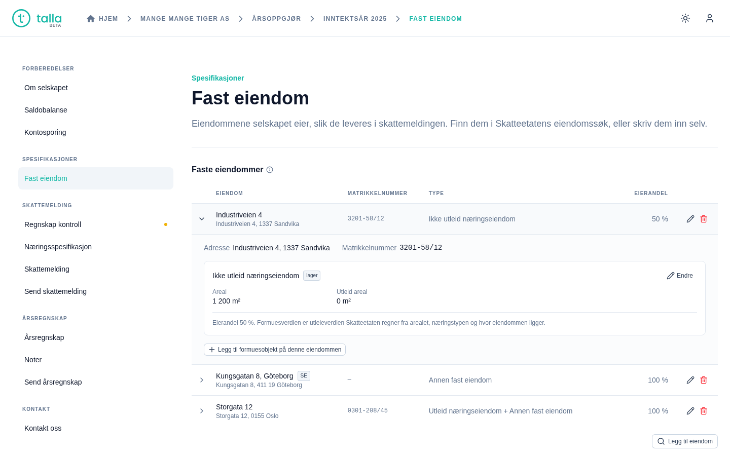 Siden Fast eiendom i Talla med tre registrerte eiendommer: et ikke utleid lager i Sandvika med eierandel 50 %, en eiendom i Göteborg og en utleid næringseiendom i Oslo.
