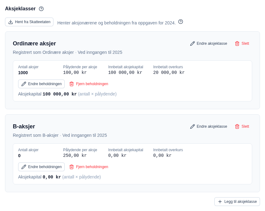 Aksjeklassene øverst på oppgaven, med knappen «Hent fra Skatteetaten» og teksten «Henter aksjonærene og beholdningen fra oppgaven for 2024».