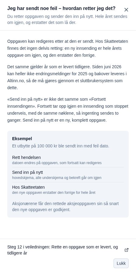 Hjelpepanelet «Jeg har sendt noe feil – hvordan retter jeg det?» i Talla, med eksempel og lenke til steg 12 i veiledningen.