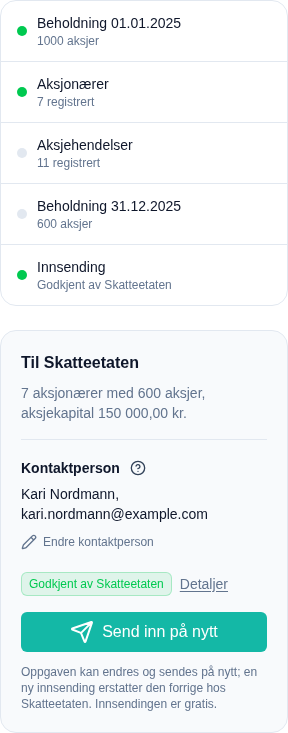 Status og innsending for en levert oppgave: alle delene i orden, merket Godkjent av Skatteetaten og knappen Send inn på nytt.