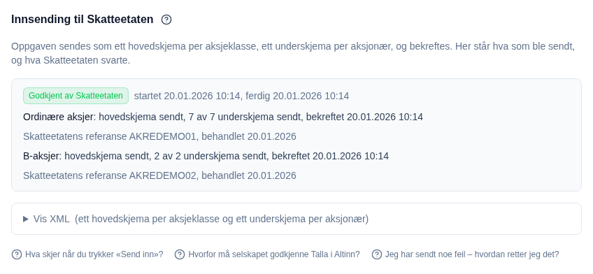Innsending til Skatteetaten: Godkjent av Skatteetaten, med hovedskjema, 7 av 7 underskjema og bekreftelse for Ordinære aksjer, og 2 av 2 for B-aksjer, med Skatteetatens referanser.