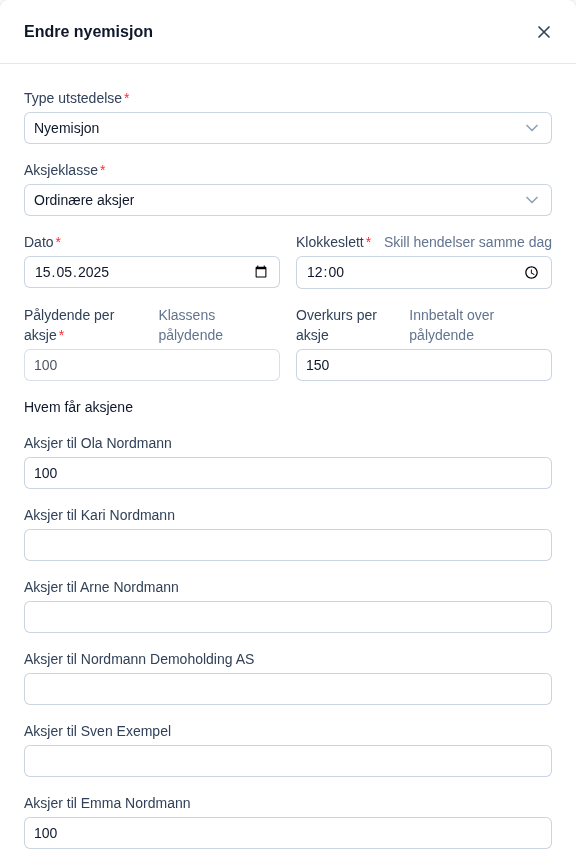 Dialogen Endre nyemisjon: 15.05.2025 kl. 12:00, pålydende 100 kr, overkurs 150 kr per aksje, 100 aksjer til Ola Nordmann og 100 til Emma Nordmann.