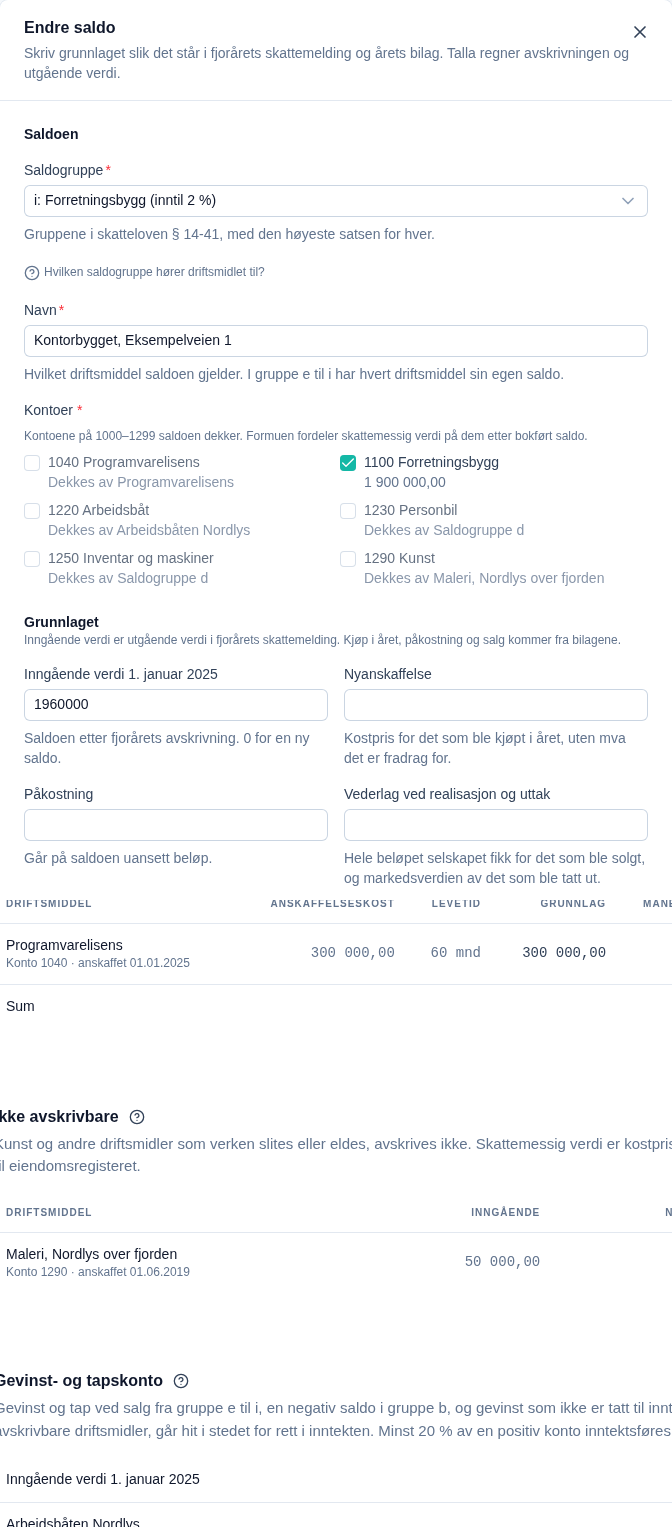 Seksjonen Kontoer uten saldo i Talla med varselet Bygning uten saldo: 1100 Bygninger står i eiendomsregisteret, som gir formuen. Kode 101 får skattemessig verdi 0 for bygningen til den står på en saldo i gruppe h, i eller j. Innsendingen stanser ikke.