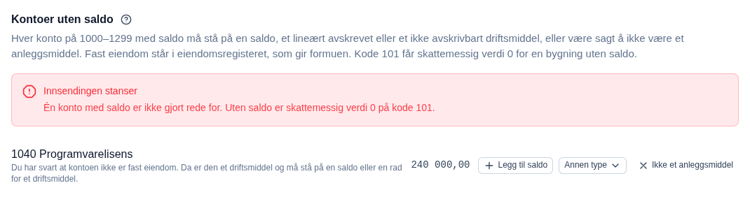 Seksjonen Kontoer uten saldo i Talla. Varselet Innsendingen stanser sier at én konto med saldo ikke er gjort rede for. Under står 1280 Kontormaskiner med 25 000 og knappene Legg til saldo, Annen type og Ikke et anleggsmiddel.